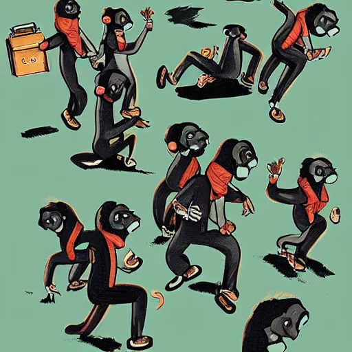 Prompt: monkeys dressed as thieves, doing crime and robbing people, digital illustration, highly detailed