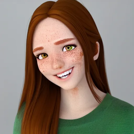 Image similar to Render of April, a cute 3D young woman, long shiny bronze brown hair, full round face, green eyes, medium skin tone, light cute freckles, light blush, smiling softly, wearing casual clothing, interior lighting, cozy living room background, medium shot, mid-shot, hyperdetailed, hyperreal, trending on Artstation, Unreal Engine, 4k