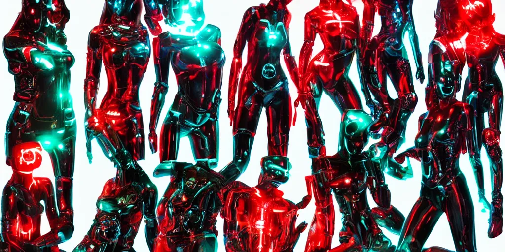 Prompt: !13 diverse cybersuits on !one_side of a reflective !cybernetic table, !!posing_as_last_supper cinematic lighting, detailed glowing red implants, teal, satin, !!highly detailed