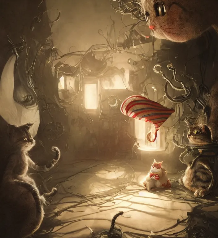 Prompt: complex 3 d render, hyper detailed, ultra sharp, of the cat in the hat, scary, cosmic horror, cinematic, natural soft light, rim light, art by greg rutkowski and artgerm and moebius, dr seuss