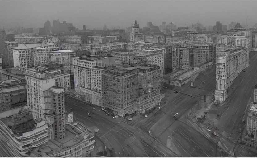 Image similar to high quality 2000s historic footage of soviet boulevard with stanilist style high rise and pedestrians, aerial photo drone, Cinestill 800t 18mm, heavy grainy picture, very detailed, high quality, 4k panoramic, billboards and streetlight at night, rain, mud, foggy