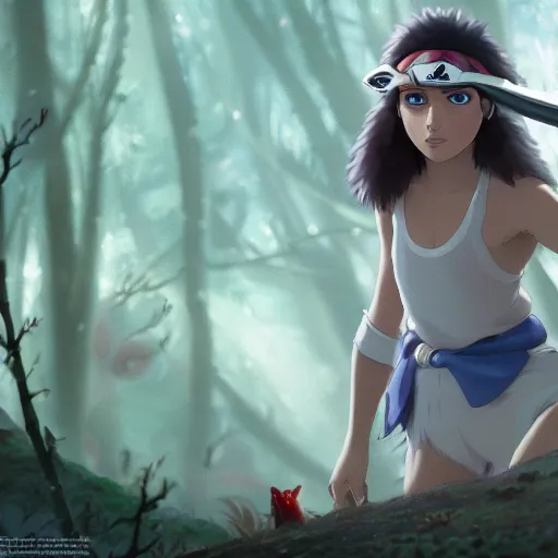 Image similar to Natalie Portman as Princess Mononoke, Studio Ghibli, digital art, highly detailed, award winning, concept art, intricate, sharp focus, masterpiece, Trending on Artstation HQ, unreal engine 5, 4K UHD image