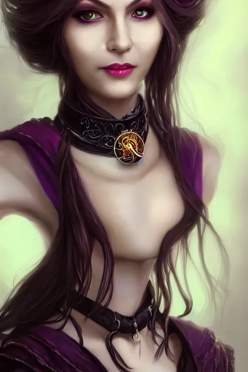 Image similar to portrait of a gorgeous female warlock, looking at camera, D&D, choker on neck, stylish dark dress, mouth slightly open, cute slightly nerdy smile, very long flowing hair, intricate, elegant, stylish, fantasy, extremely detailed, digital painting, artstation, concept art, smooth, sharp focus, illustration, stunning lighting, art by artgerm and greg rutkowski and alphonse mucha and simon stalenhag