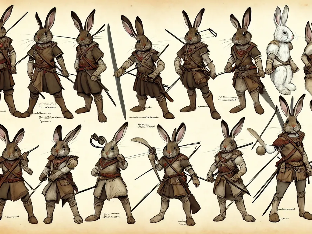 Image similar to character design sheet for a group of heroic rabbit archers on a parchment background, redwall, greg rutowski and jean baptiste monge, very very detailed, epic fantasy concept art