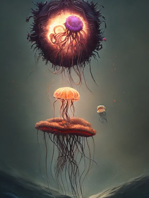 Prompt: a fancy portrait of a queen of death giant floating flower and jellyfish by Greg Rutkowski, Sung Choi, Mitchell Mohrhauser, Maciej Kuciara, Johnson Ting, Maxim Verehin, Peter Konig, Bloodborne, beeple, 8k photorealistic, cinematic lighting, HD, high details, atmospheric , trending on artstation. made in Maya, Blender and Photoshop, octane render, excellent composition, cinematic dystopian brutalist atmosphere, dynamic dramatic cinematic lighting, aesthetic, very inspirational vibrant colors, gloomy mood. Greg Rutkowski, Ilya Kuvshinov, WLOP, Stanley Artgerm Lau, Ruan Jia and Fenghua Zhong. high contrast