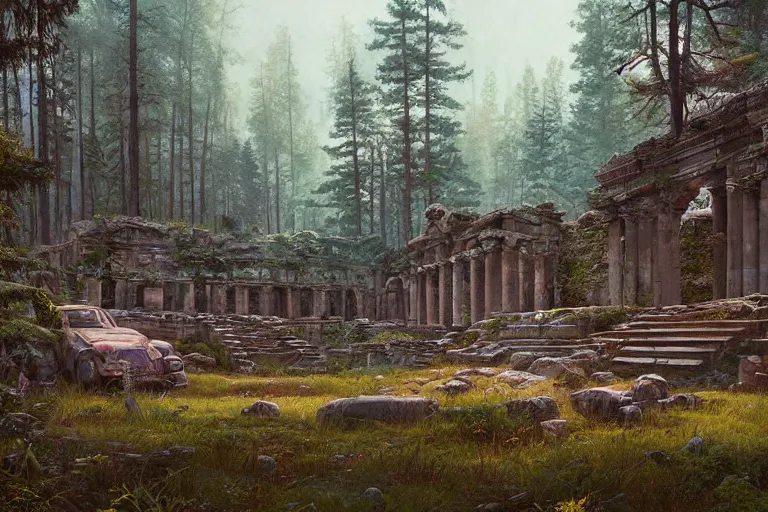 Image similar to beautiful ancient ruins in a swedish forest view, highly detailed, very realistic, intricate, soft lighting, very wide shot, digital painting by simon stålenhag