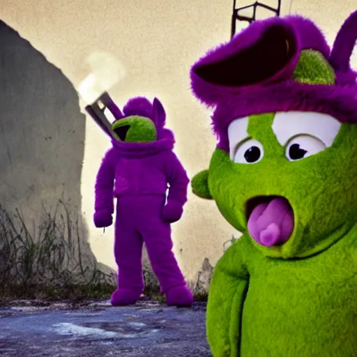 Image similar to Barney at war with mutant furry teletubbies in abandoned radiated graffiti town