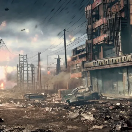 Image similar to still film from the movie fallout 4 : the movie by michael bay