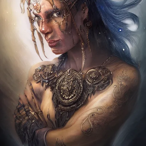 Image similar to a WLOP 3d render of Very very very very highly detailed beautiful mystic portrait of a phantom warrior with galaxy, tattoos by Anton Pieck, intricate, extremely detailed, digital painting, artstation, concept art, smooth, sharp focus, illustration, intimidating lighting, incredible art,