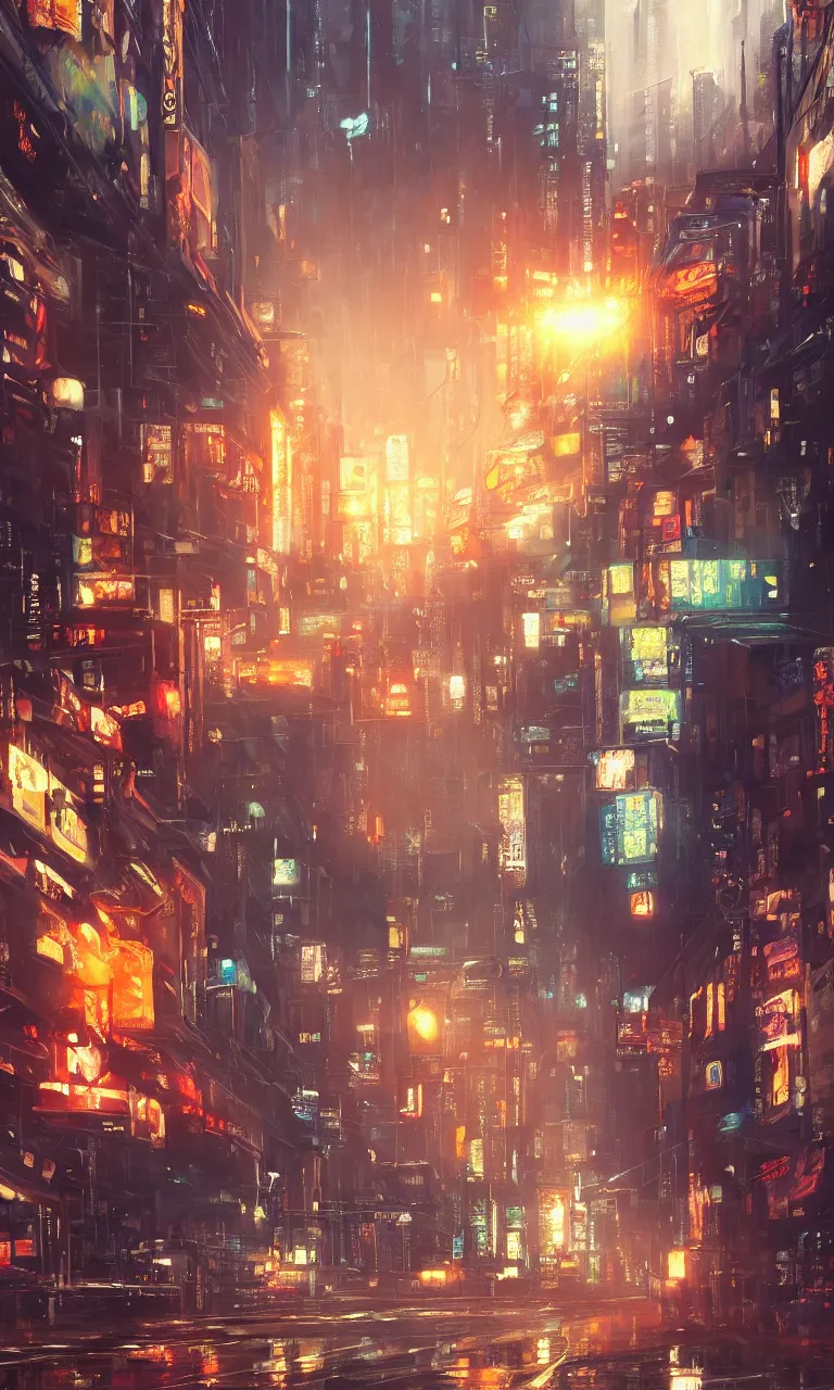 Image similar to an epic painting of the city street road, oil on canvas, cold colors, perfect composition, golden ratio, beautiful detailed, photorealistic, digital painting, artstation, concept art, smooth, sharp focus, illustration, cyberpunk background, artstation trending, octane render, unreal engine