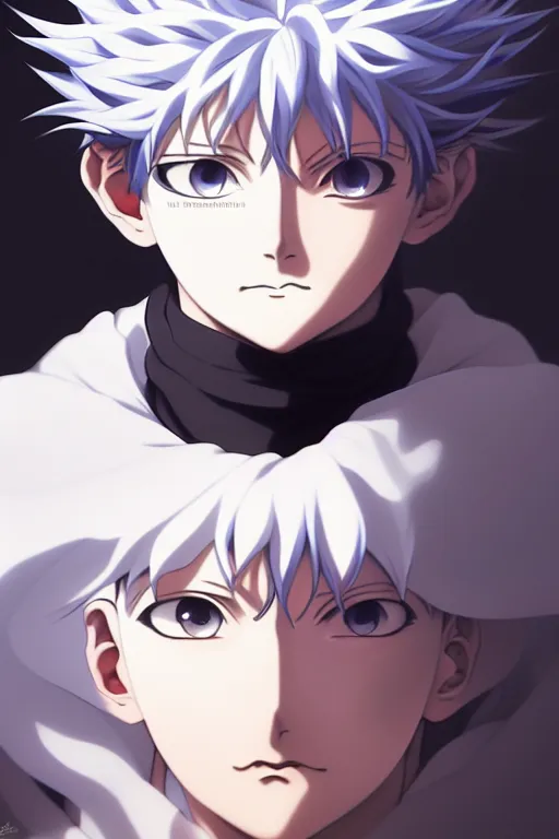 Image similar to baroque oil painting full body portrait character concept art, anime key visual of killua zoldyck, symmetrical finely detailed perfect face studio lit directed gaze, trending on pixiv fanbox, painted by greg rutkowski makoto shinkai takashi takeuchi studio ghibli