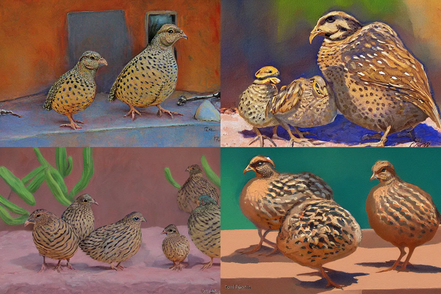 Prompt: a family of quails, tucson arizona painting by carl redin