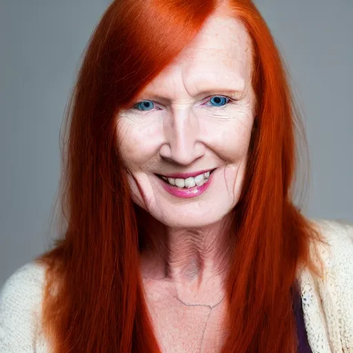 Image similar to mature woman with long ginger hair and purple eyes, high quality photo