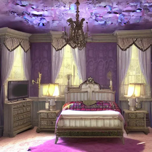 Prompt: haunted mansion bedroom in the style of an archvis render