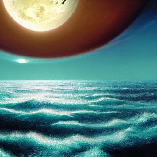 Image similar to beautiful matte painting of a dreamy ocean with clouds, sci - fi, daylight, blue sky, cinematic lighting, cinematic perspective, black hole planet above, syd mead, john harris, federico pelat, detailed, 4 k, hd