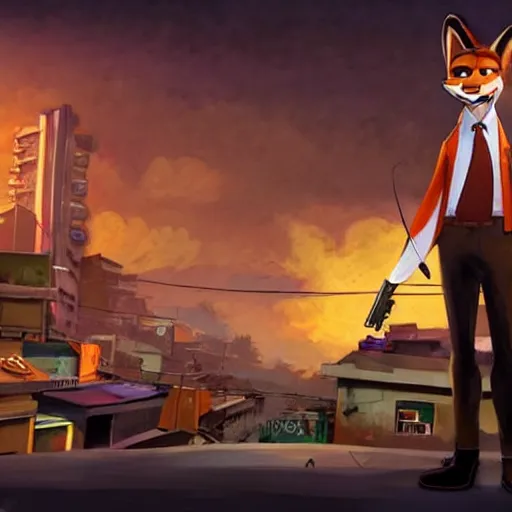 Image similar to concept art of nick wilde as max payne in max payne 3 set in gritty neo - noir zootopia, favela level