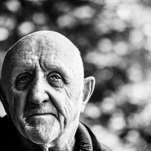 Image similar to Mike Ehrmantraut black and white portrait, XF IQ4, f/1.4, ISO 200, 1/160s, 8K, RAW, unedited, symmetrical balance, in-frame