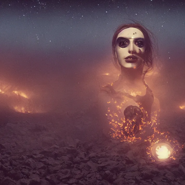 Image similar to The full body shot of beautiful pale woman with many eyes flowers and full-face golden mask inside a thick black smoke in rocky desert landscape, glowing eyes, falling star on the horizon, burning earth by Gaspar Noe and Christopher Doyle, anamorphic lens, anamorphic lens flares, kodakchrome, cinematic composition, practical effects, award winning photo, 8k