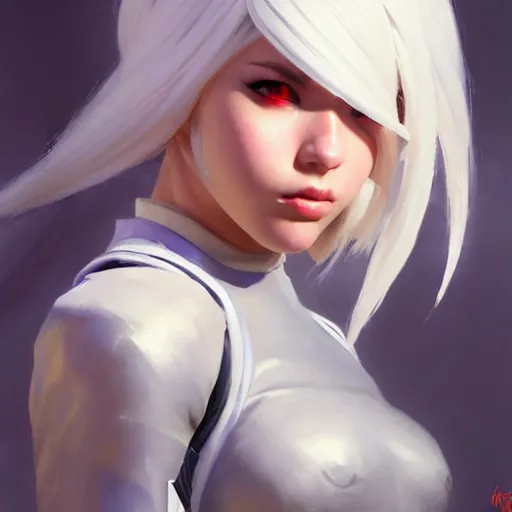 Image similar to greg manchess portrait painting of a 2 yorha type a no. 2 as overwatch character, white long hair, organic painting, sunny day, matte painting, bold shapes, hard edges, street art, trending on artstation, by huang guangjian and gil elvgren and sachin teng