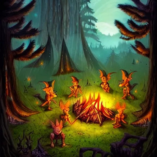 Prompt: goblins, imps, fairies and fireflies in a fantasy world, forest clearing with a campfire at night, epic fantasy style art