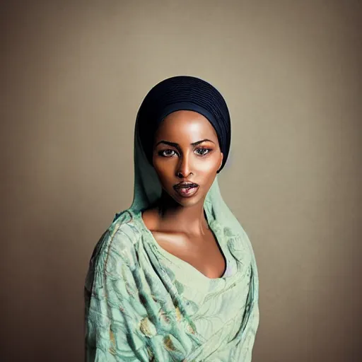Prompt: studio photography, portrait image, somali woman, beautiful, vintage, dreamy, happy, pastel