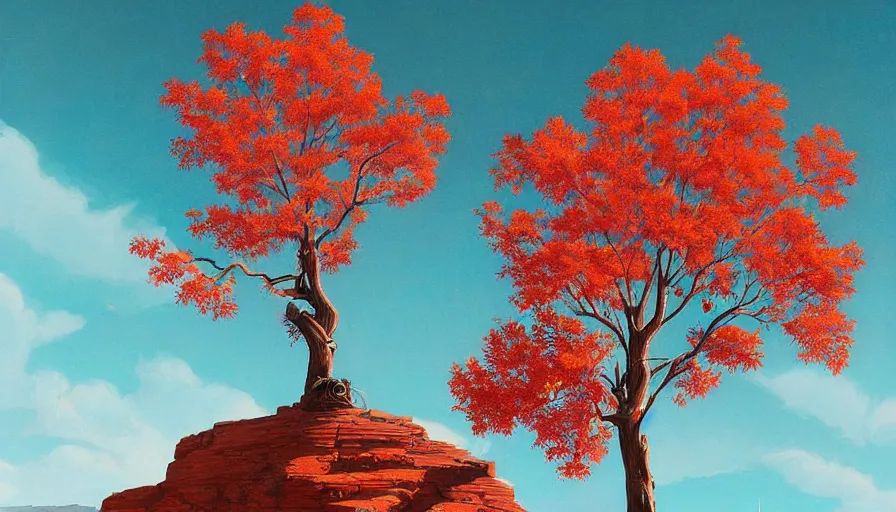 Image similar to single red maple tree growing in grand canyon, stream, tristan eaton, victo ngai, artgerm, rhads, ross draws, highly detailed, masterpiece