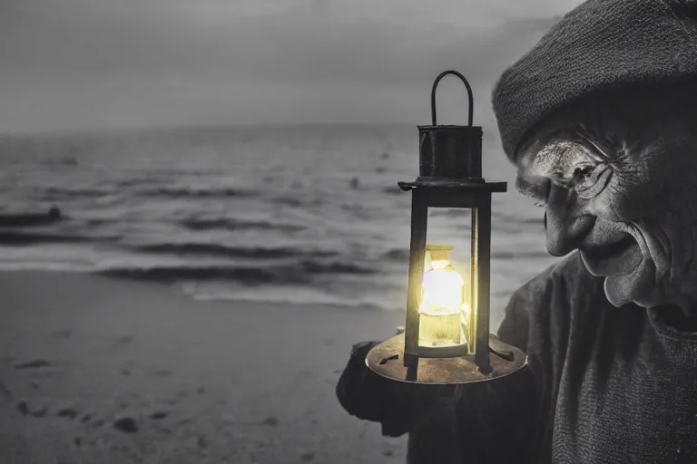 Prompt: closeup old man holding up a lantern on the beach in a pirate bay meet to a old wood shack by emmanuel lubezki