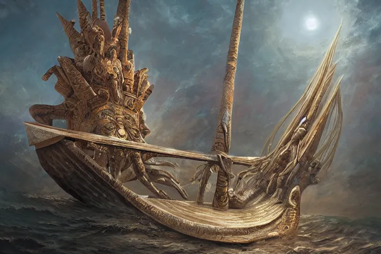 Image similar to an ancient egyptian papyrus boat sails on a primordial sea of chaos and a hideous frog headed deity Kek by Jessica Rossier and HR Giger