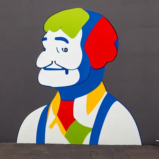 Prompt: robin williams street art mural by haruki murakami x kaws : 1 high contrast, hard edges, matte painting, geometric shapes, masterpiece : 1