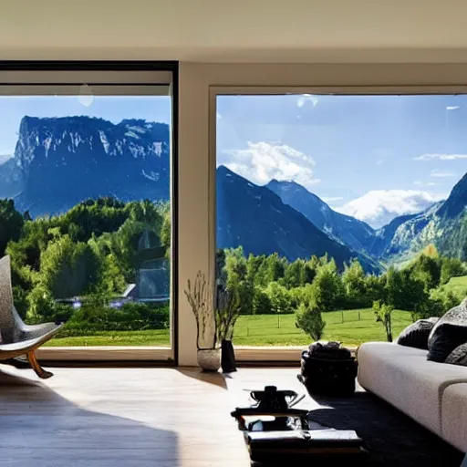 Image similar to fantastical living room with switzerland landscape in the window