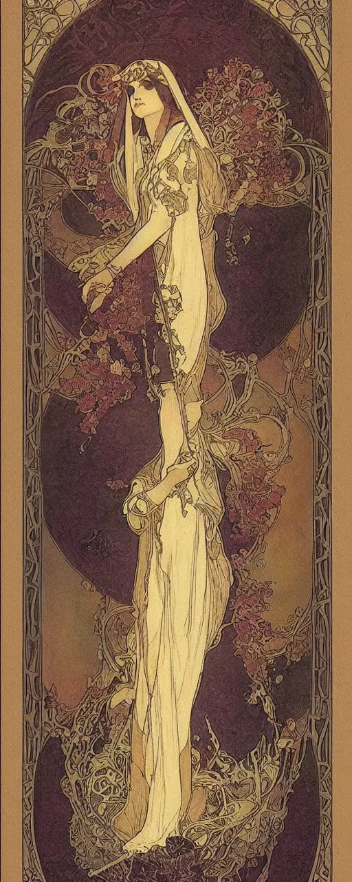 Image similar to the empress, tarot, beautiful border, by alfons maria mucha, highly detailded