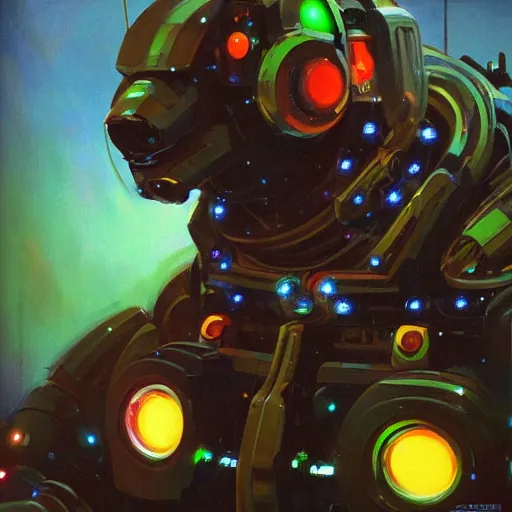 Image similar to a dark and colorful close - up of a sci - fi mecha bear robot with led lights glowing fog in the background. highly detailed science fiction painting by norman rockwell, frank frazetta, and syd mead. rich colors, high contrast, gloomy atmosphere, dark background. trending on artstation