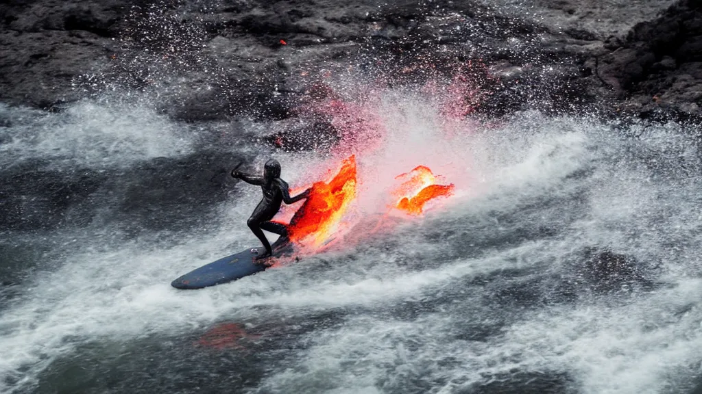 Image similar to person in armor surfing down a river of lava on the side of a volcano on surfboard, action shot, dystopian, thick black smoke and fire, motion blur, sharp focus, cinematic, tilt shift lens