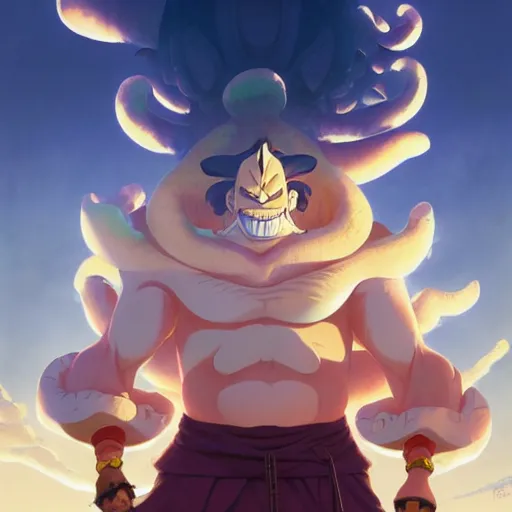 Image similar to jinbe by eiichiro oda!, greg rutkowski, loish, rhads, beeple, makoto shinkai, tom bagshaw, alphonse mucha, sharp focus, art by artgerm and greg rutkowski, stanley kubrick, backlit, harsh overhead sunlight,