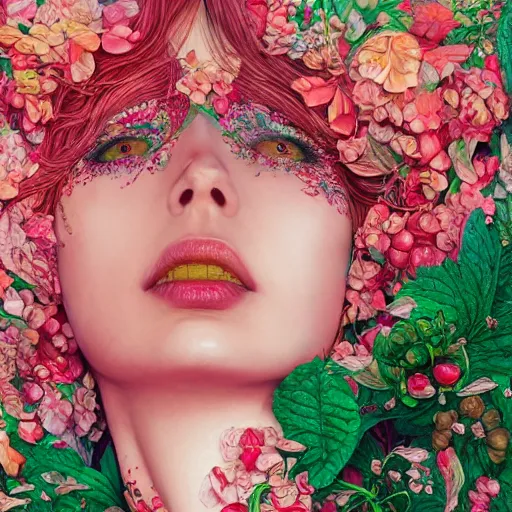 Image similar to the portrait of an absurdly beautiful, graceful, elegant, sophisticated, vogue woman made of strawberries and green petals looking up, an ultrafine hyperdetailed illustration by kim jung gi, irakli nadar, intricate linework, bright colors, octopath traveler, final fantasy, unreal engine 5 highly rendered, global illumination, radiant light, detailed and intricate environment