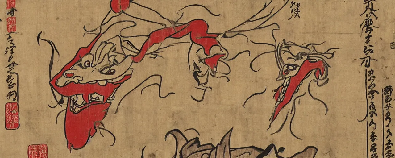 Prompt: an ancient papyrus depicting a japanese folklore demon, okami, ukiyo - e style