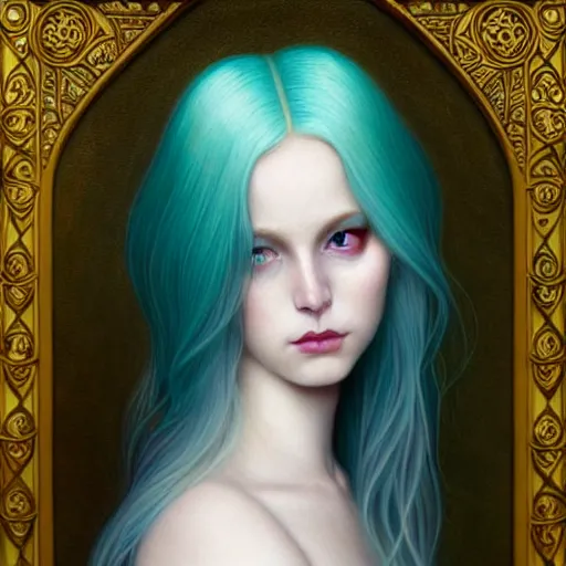 Image similar to portrait of girl with pale teal hair, luna moth, uniquely beautiful, fantasy, intricate, elegant, dramatic lighting, emotionally evoking symbolic metaphor, highly detailed, lifelike, photorealistic, digital painting, artstation, concept art, smooth, sharp focus, illustration, art by John Collier and Albert Aublet and Krenz Cushart and Artem Demura and Alphonse Mucha