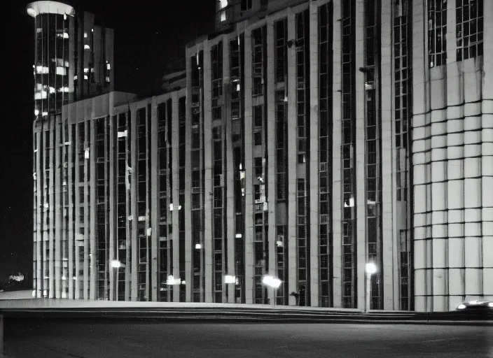 Image similar to a building seen from a dark parking lot in los angeles at night. 1 9 9 0 urban photography