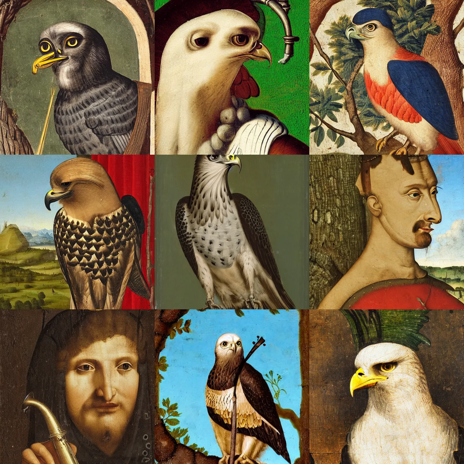 Prompt: hawk with trumpet, sitting on a tree, medieval portrait, close up