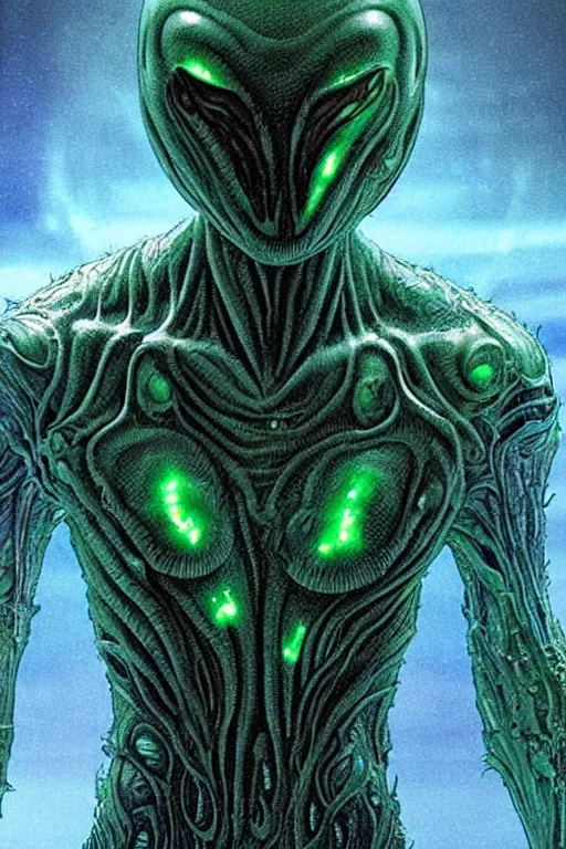 Prompt: Alien, with transparent skin, visible internal, looks like sea creatures, luminous body, floating in the void like the watcher marvel comics or dc comics guardians mixed with swamp thing. Artstyle like alexander mcqueen, anthony chong jones, yoji Shinkawa, Marc Simonetti, Mike Mignola, jae lee, Marc Silvestri, Todd mcfarlane+ full body image with head, Symmetry, dark illustration, cinematic unreal engine, hypermaximalist, symmetrical, detailed, intricate ink illustration, 8k, HD