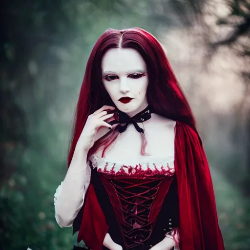 Image similar to A beautiful portrait of a lady vampire, victorian, '20, ominous, dracula, photography, 35mm, depth of field, bokeh, soft light, cinematic