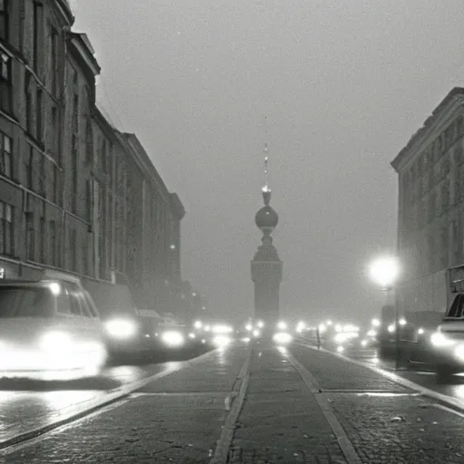 Image similar to !dream berlin streets 1991 at night, mist, cars , eerie atmosphere