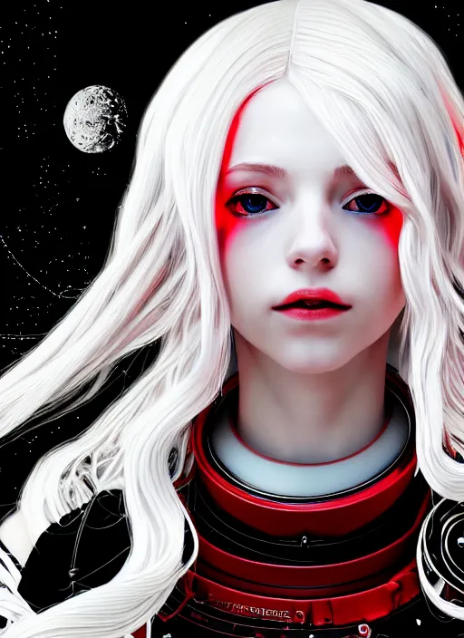 Prompt: highly detailed portrait of a hopeful pretty astronaut lady with a wavy blonde hair, by H P Lovecraft, 4k resolution, nier:automata inspired, bravely default inspired, vibrant but dreary but upflifting red, black and white color scheme!!! ((Space nebula background))