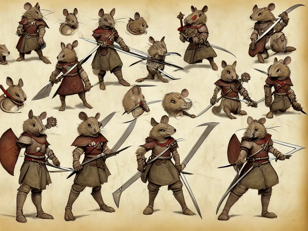 Prompt: character design sheet for a heroic mouse knight with sword and shield on a parchment background, redwall, greg rutowski and jean baptiste monge, very very detailed, epic fantasy concept art