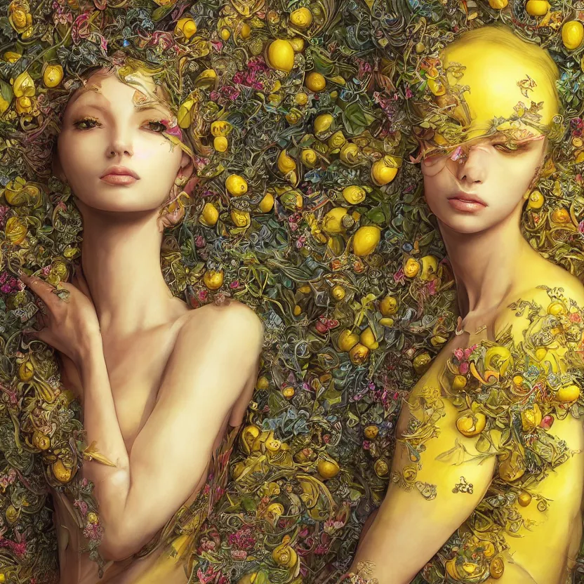 Prompt: the portrait of a sensual lemon personified as an absurdly beautiful, graceful, elegant, sophisticated, young woman made up of lemons, an ultrafine hyperdetailed illustration by kim jung gi, irakli nadar, intricate linework, bright colors, octopath traveler, final fantasy, unreal engine 5 highly rendered, global illumination, radiant light, detailed and intricate environment