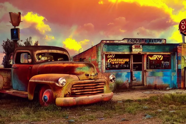 Image similar to a sunset light landscape with historical route 6 6, lots of sparkling details and sun ray ’ s, blinding backlight, smoke, volumetric lighting, colorful, octane, 3 5 mm, abandoned gas station, old rusty pickup - truck, beautiful epic colored reflections, very colorful heavenly, softlight