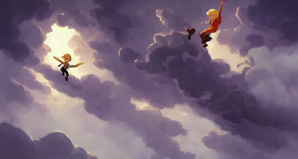 Prompt: a young blonde boy fantasy thief flying through the clouds, andreas rocha style