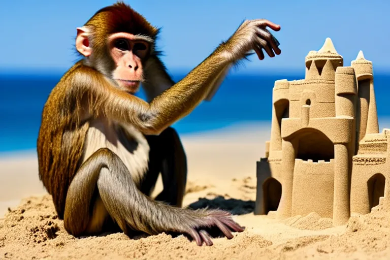 Image similar to a monkey touching a completed sand castle