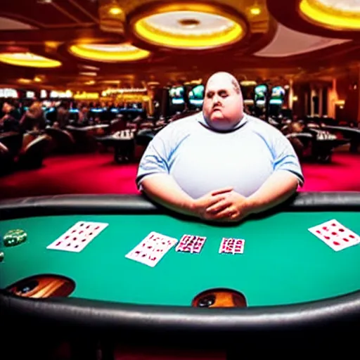 Image similar to incredibly detailed high quality studio portrait of an obese man looking at a piece of paper at a poker table in a casino while flood waters fill the room