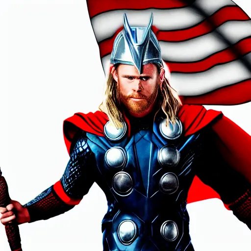 Image similar to a photo of thor with the hammer riding an epic dragon while holding the american flag and an electric guitar, ultrarealistic, 4 k, raytracing